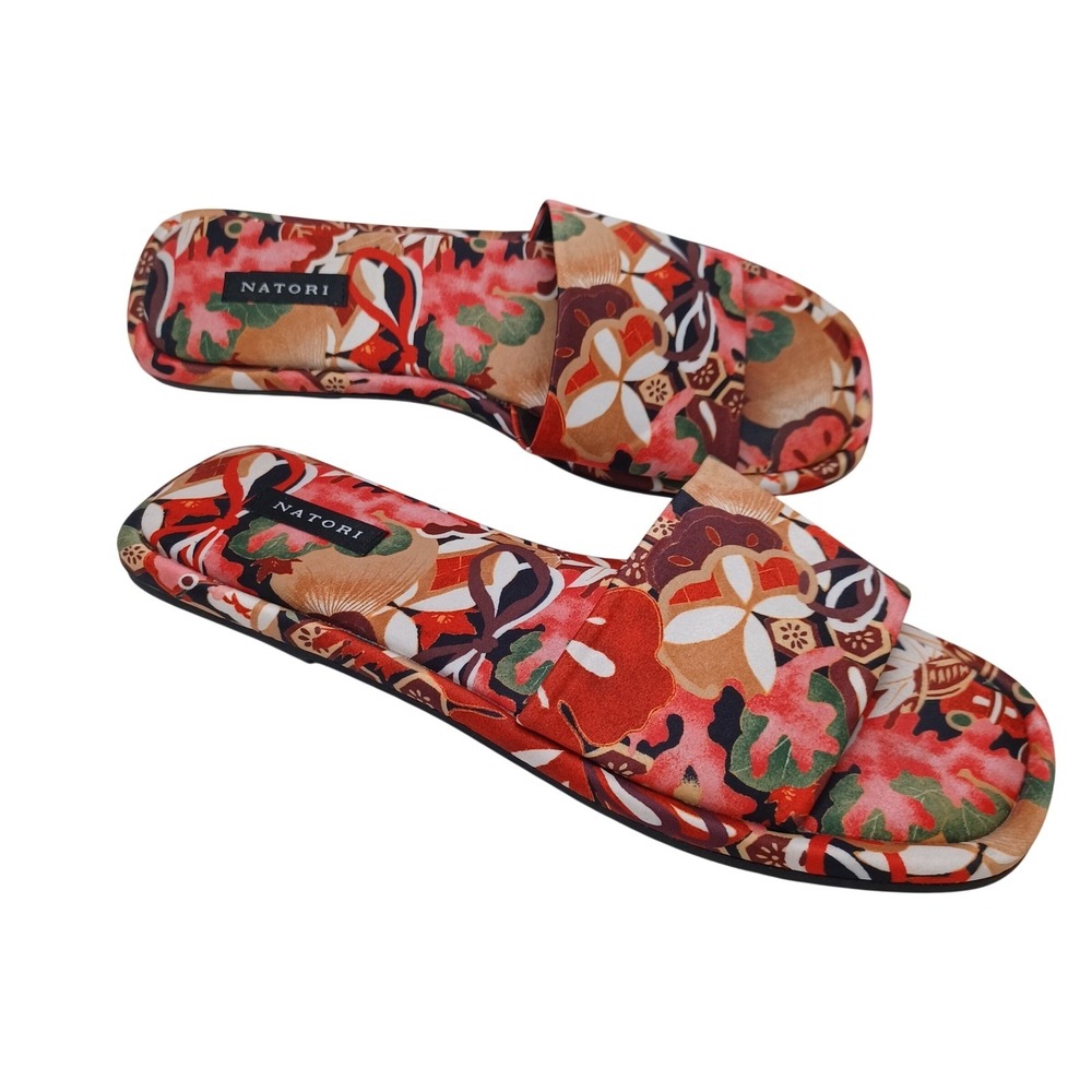 Natori Womens Floral Print Slide Sandals Red Orange Multi Color Size 7.5 M